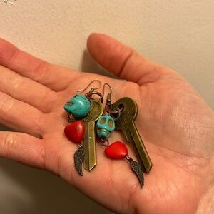 Vintage lucky brand Turquoise Skull & Red Heart Key Dangle Earrings